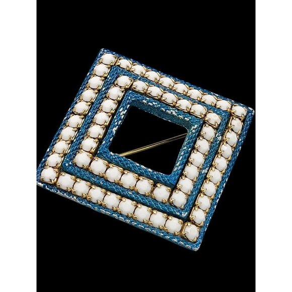 Square Rhinestone Brooch Pin With Gold Detailing & Blue Enamel Finish Vintage - Picture 6 of 11